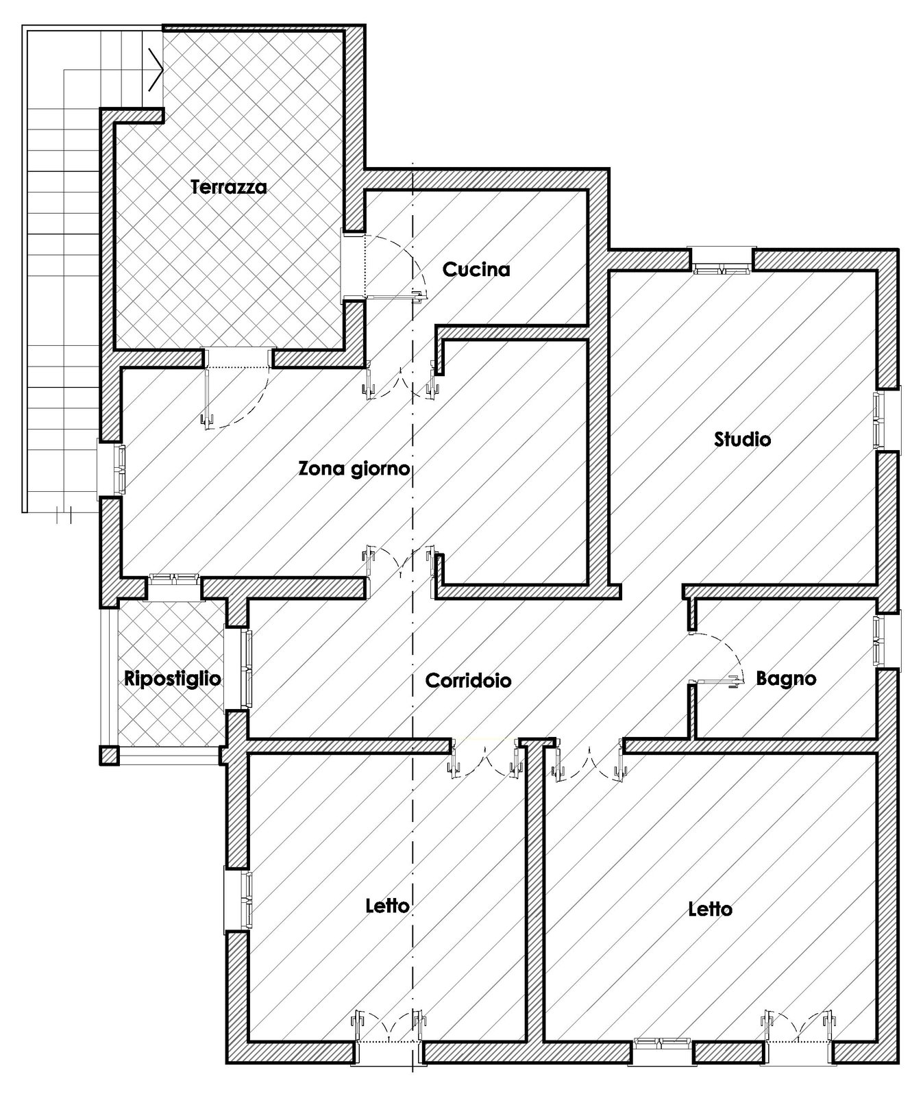 Planimetria della porzione di casa: soggiorno, cucina, tre camere, bagno e terrazza